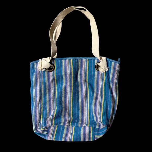 Striped Woven Canvas Tote Bag Zipper Handles Beach Bag Blue Purple Michael Stars - Picture 3 of 11
